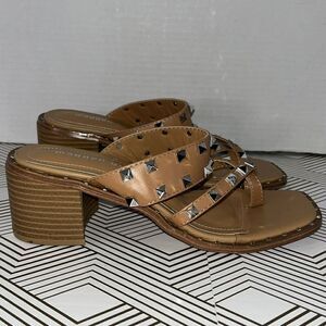 Madden Girl Womens Ridley Tan Sandals Size 6.5 Block Heel‎ Spikes Studs